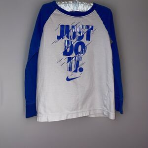 Nike Just Do It Graphic Long Sleeve Ringer T Shirt 4-5 Years White Blue
